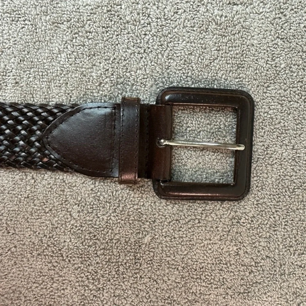 New York & Company Womens Braided Bonded Leather Belt Brown L/XL Square Buckle